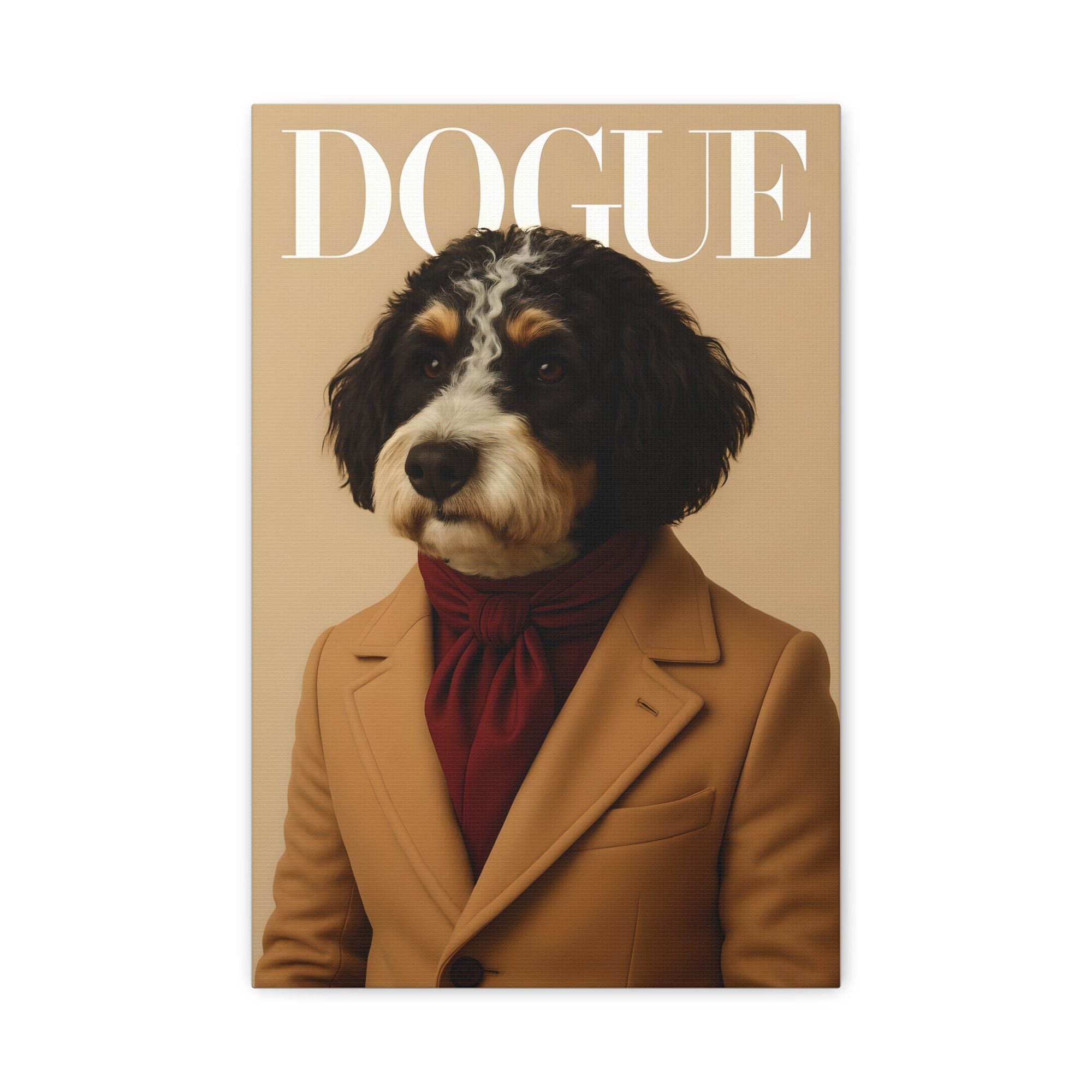 Dog in a coat and scarf on a magazine cover with 'DOGUE' text