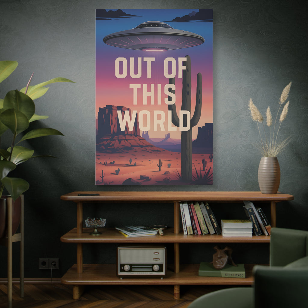 Poster with 'Out of This World' text and UFO design in a room with a shelf and decor.