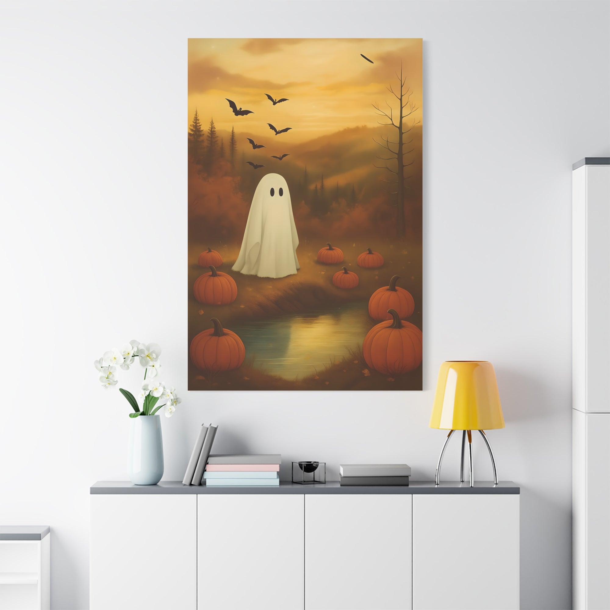 Autumn Ghost Canvas Art, Fall Wall Decor, Halloween Design, Pumpkin Illustration, Cozy Home Decor, Seasonal Gifts