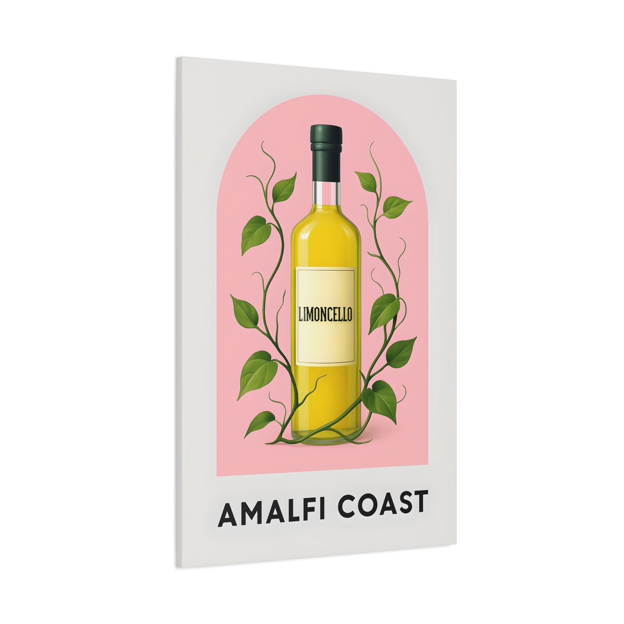 Limoncello bottle with leaves on a pink arch, labeled 'Amalfi Coast' on a white background