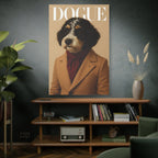 Poster of a dog in a suit on a wall above a wooden shelf with books and decor.