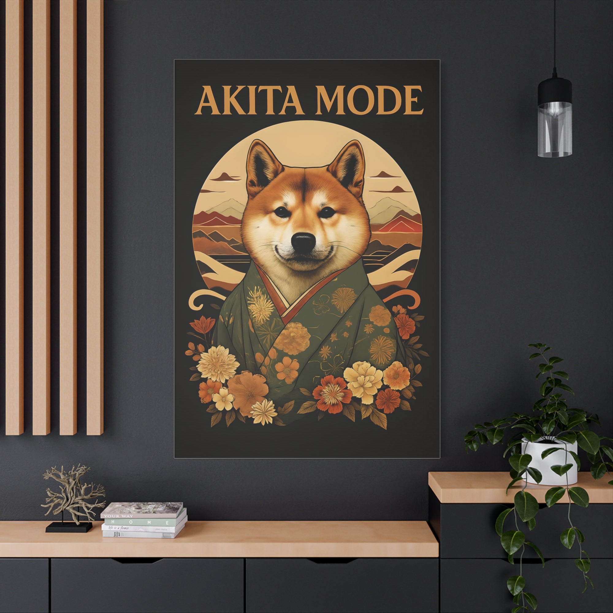 Poster of a dog in a kimono with 'Akita Mode' text on a dark wall.