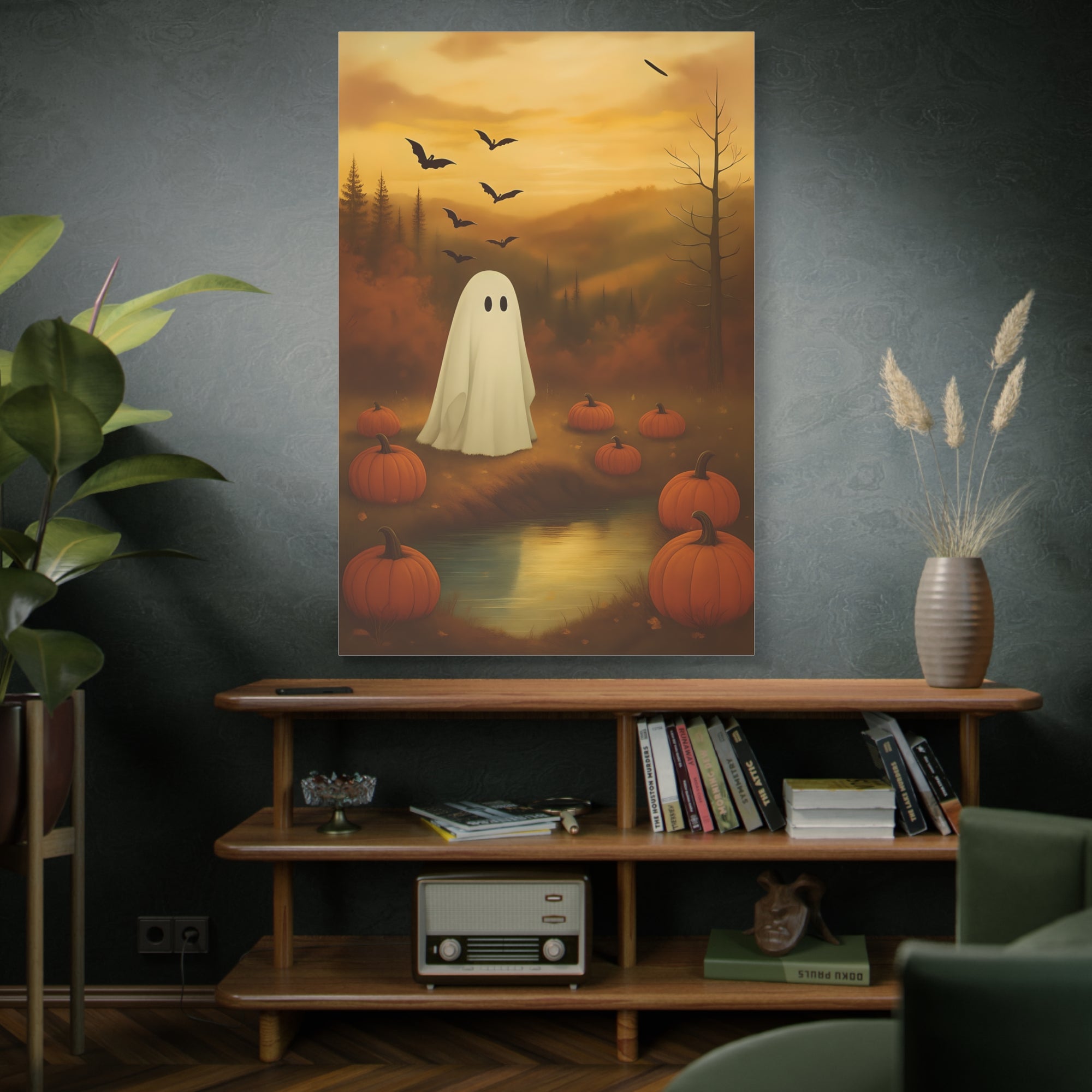 Autumn Ghost Canvas Art, Fall Wall Decor, Halloween Design, Pumpkin Illustration, Cozy Home Decor, Seasonal Gifts