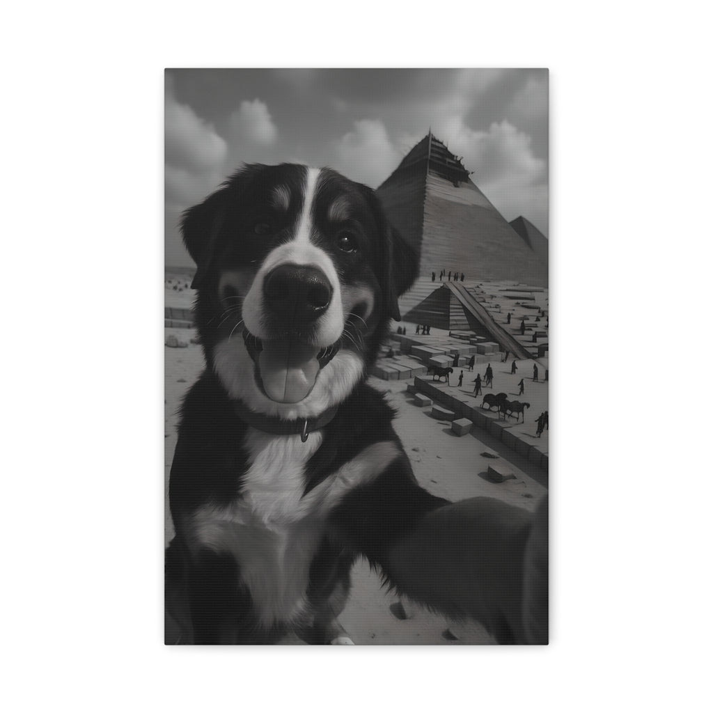 Dog in front of a pyramid with a beach scene in the background