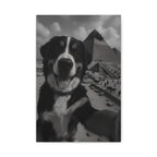 Dog in front of a pyramid with a beach scene in the background