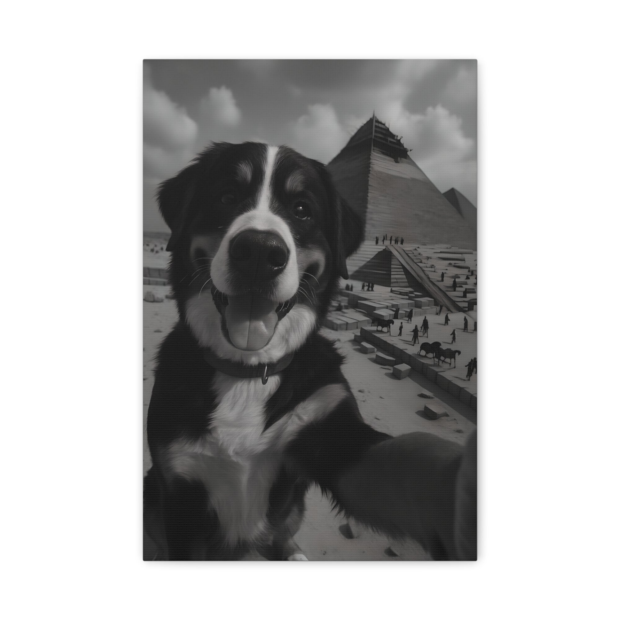 Dog in front of a pyramid with a beach scene in the background