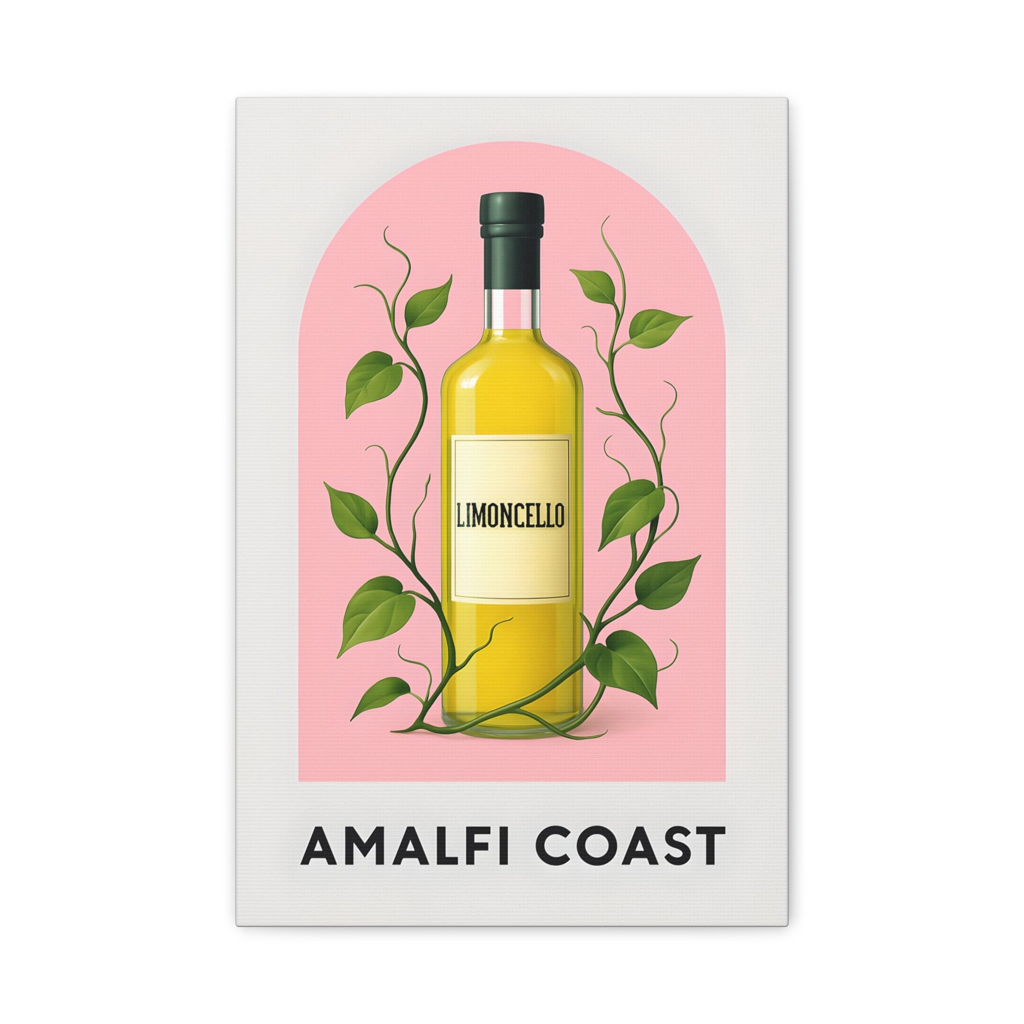 Limoncello bottle with green leaves on a pink background, labeled 'Amalfi Coast'.