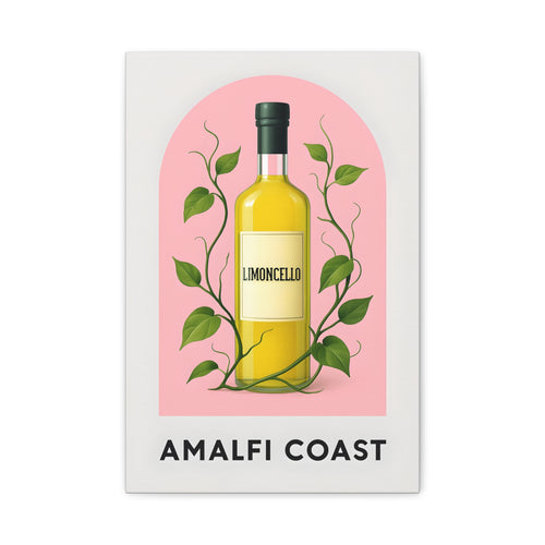 Limoncello bottle with green leaves on a pink background, labeled 'Amalfi Coast'.
