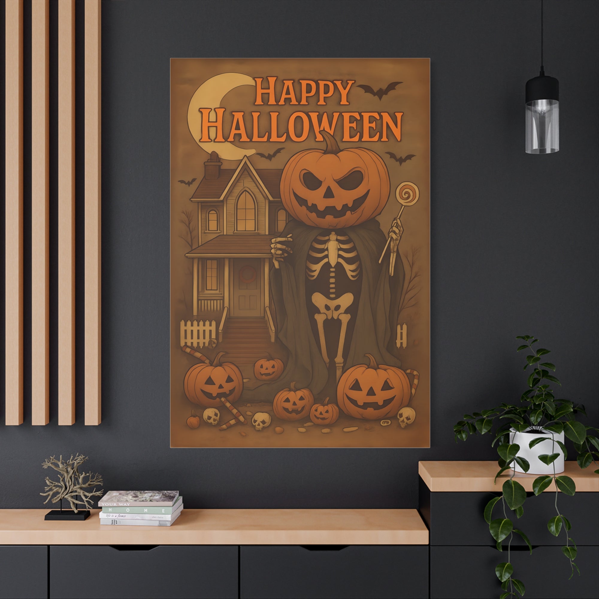 Halloween-themed poster with a skeleton, pumpkins, and haunted house on a dark wall.