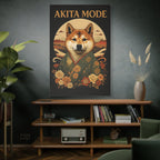 Poster of a dog in a kimono with 'Akita Mode' text in a room with a shelf and decor.