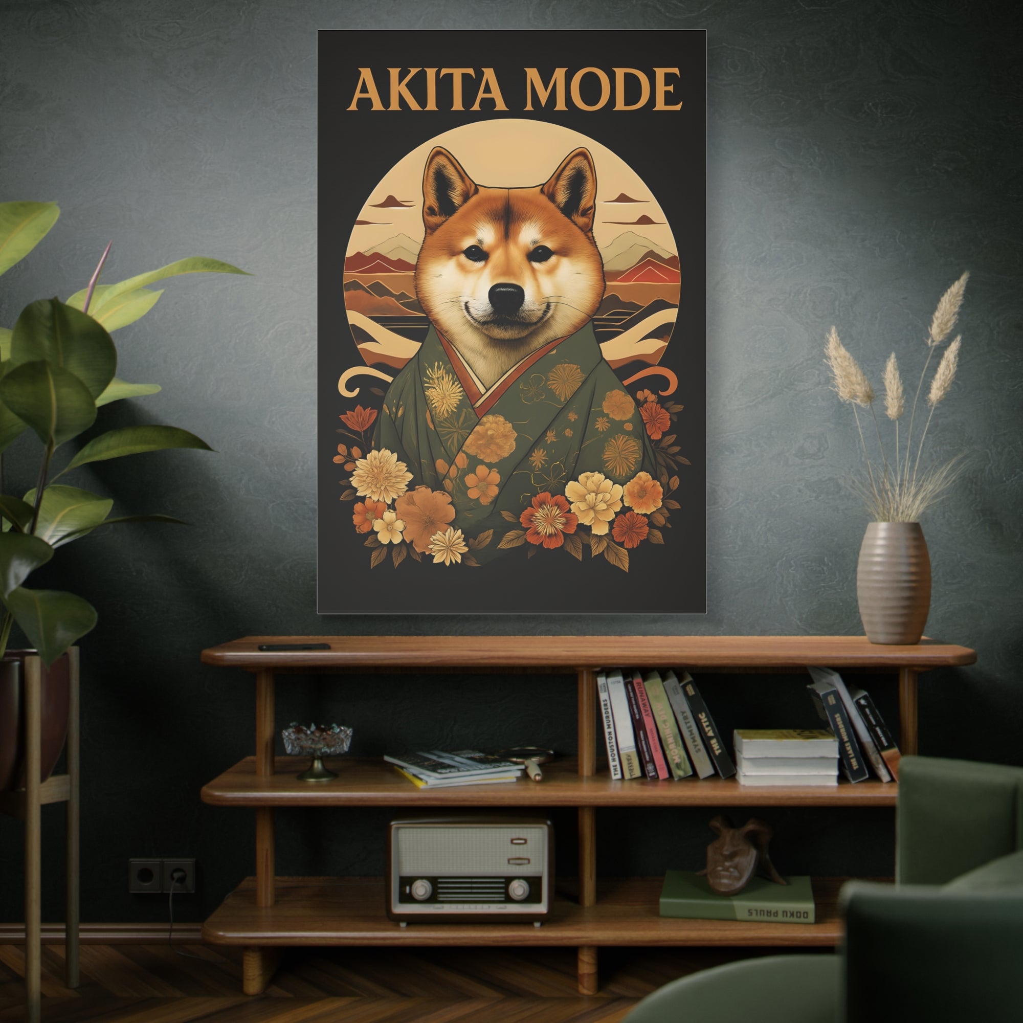 Poster of a dog in a kimono with 'Akita Mode' text in a room with a shelf and decor.