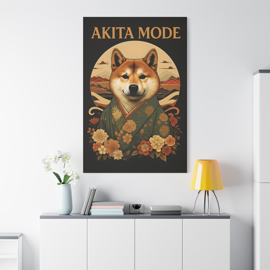 Poster of a dog in a kimono with 'AKITA MODE' text on a wall above a white cabinet.