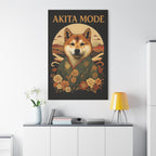 Poster of a dog in a kimono with 'AKITA MODE' text on a wall above a white cabinet.