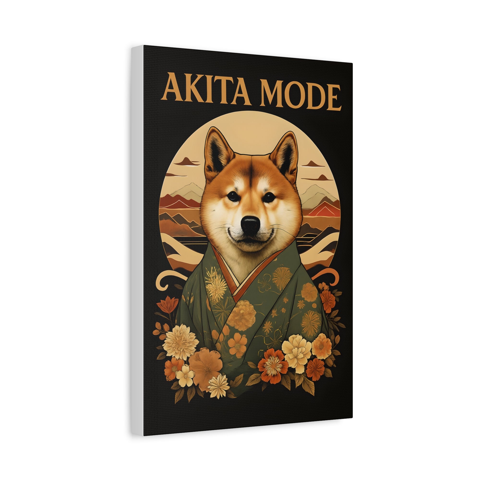 Canvas print with a dog in a kimono and 'Akita Mode' text on a black background