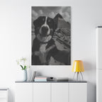 Canvas print of a dog with a black and white pyramid background in a modern interior setting.