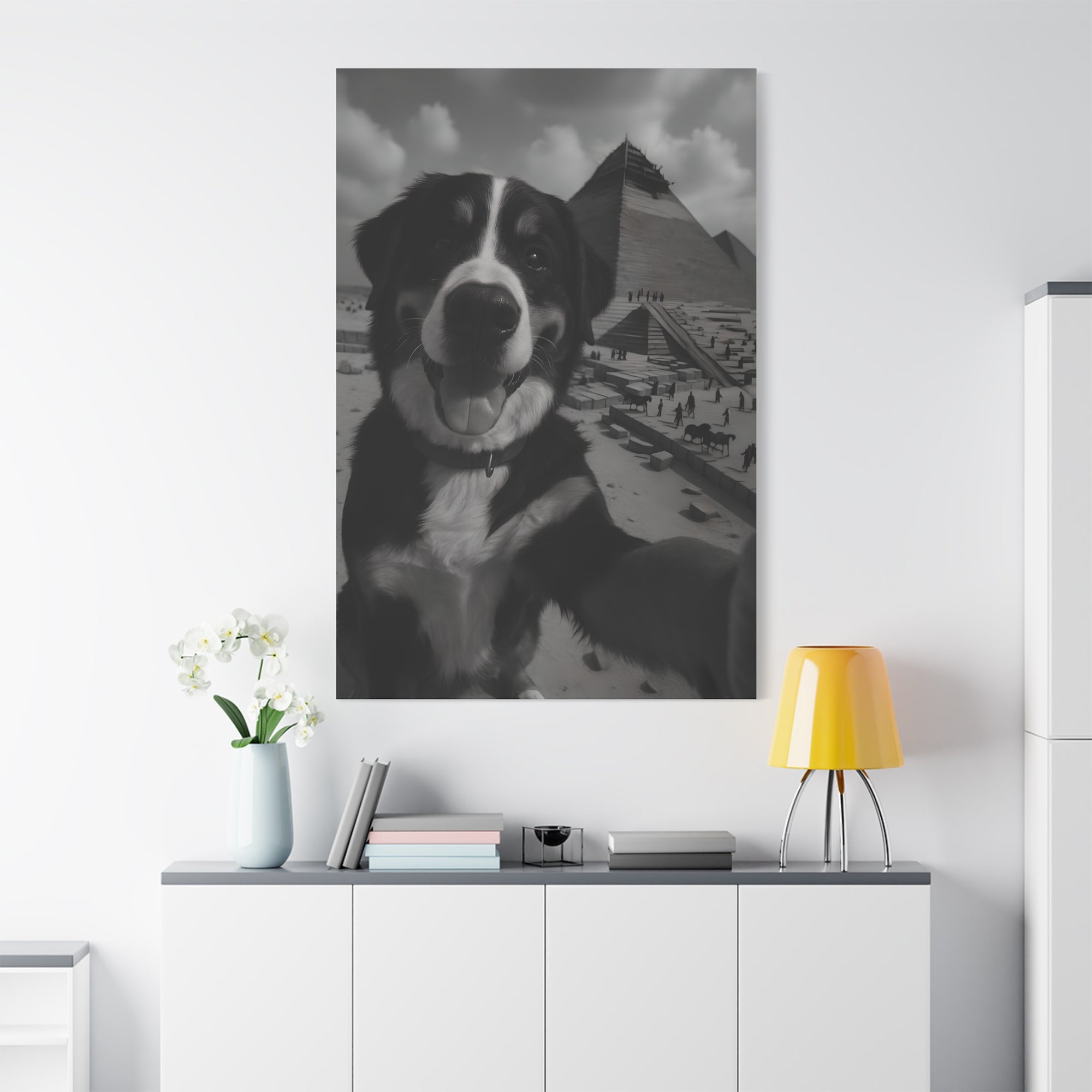 Canvas print of a dog with a black and white pyramid background in a modern interior setting.