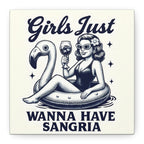 Vintage-style illustration of a woman on a flamingo float with text 'Girls Just Wanna Have Sangria' on a white background.