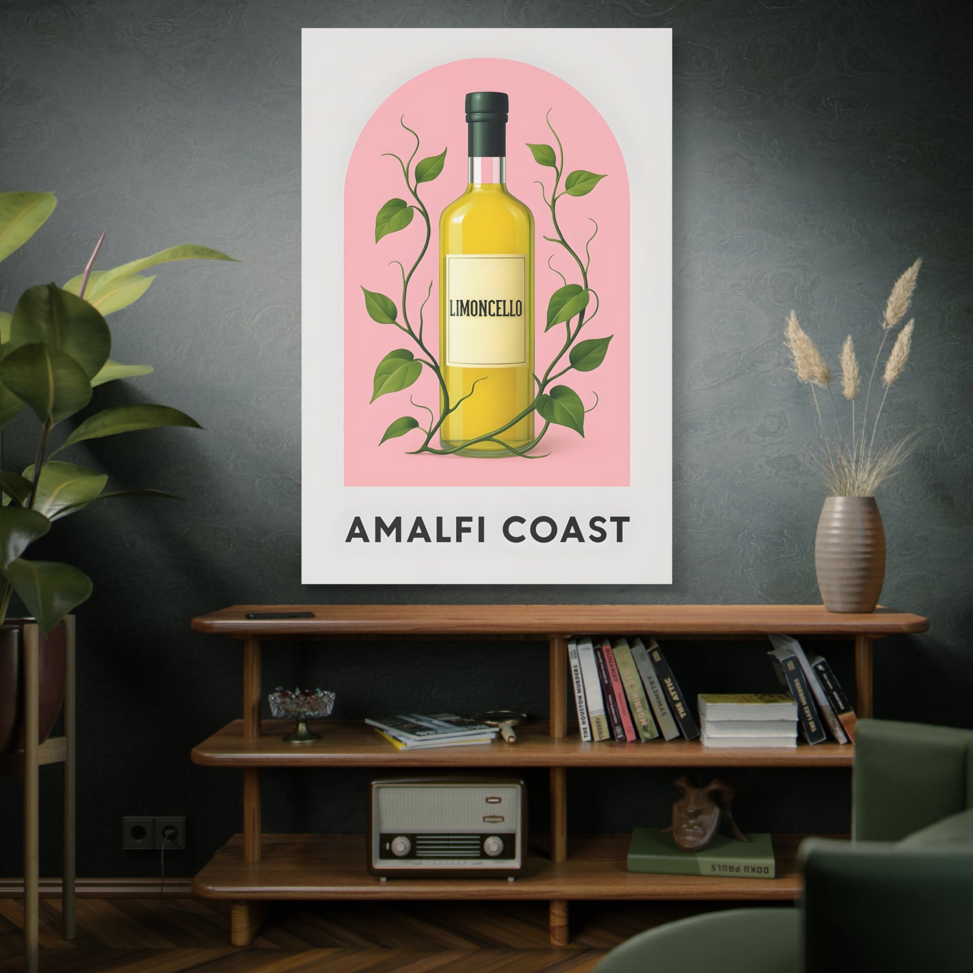 Poster of a limoncello bottle with 'Amalfi Coast' text in a living room setting.