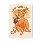 Vintage-style poster with a woman holding a glass of sangria and text 'Sip Sun and Sangria' on a beige background.