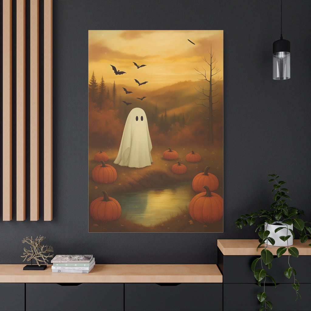Autumn Ghost Canvas Art, Fall Wall Decor, Halloween Design, Pumpkin Illustration, Cozy Home Decor, Seasonal Gifts