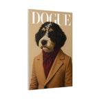 Dog wearing a coat and scarf on a magazine cover with 'Dogue' text