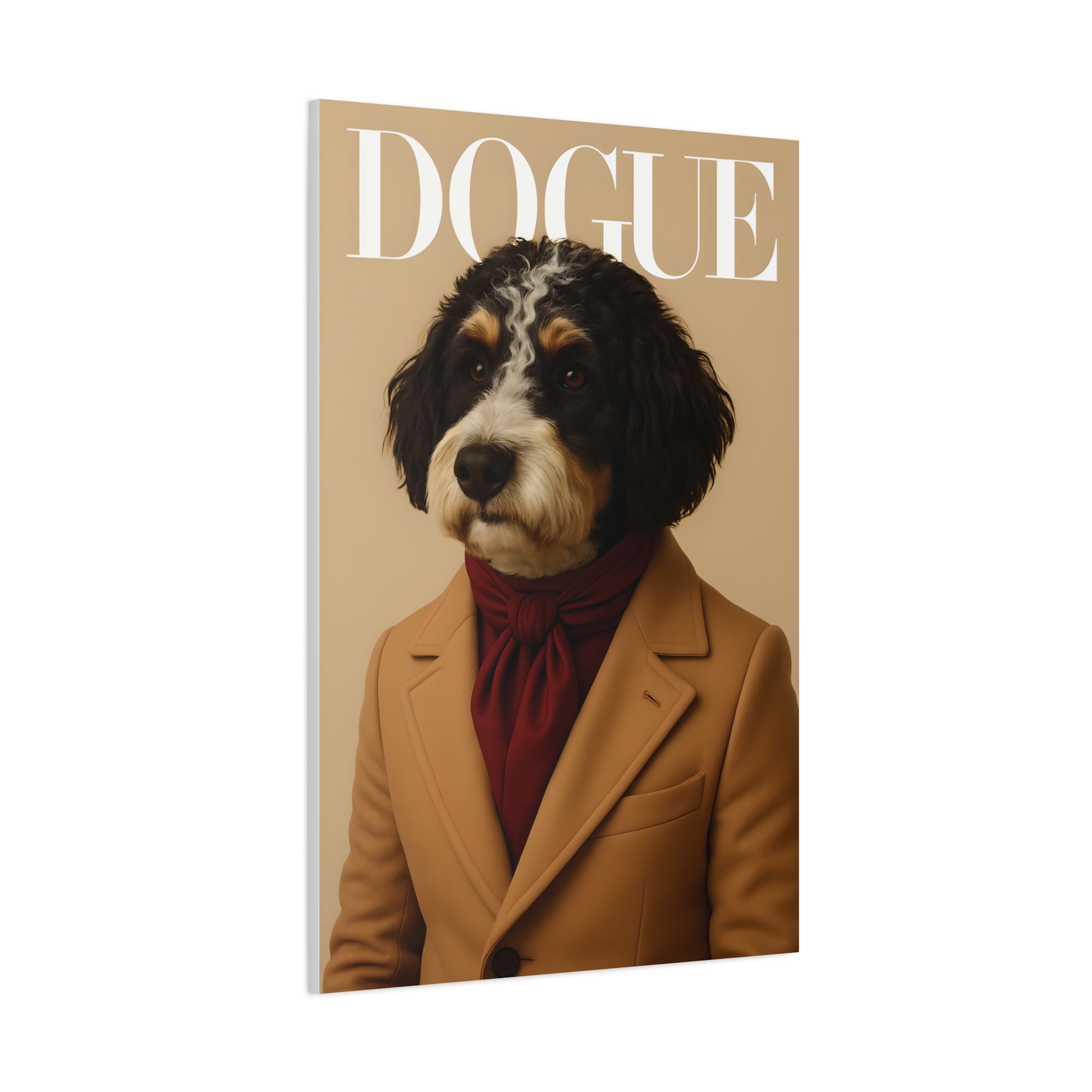 Dog wearing a coat and scarf on a magazine cover with 'Dogue' text