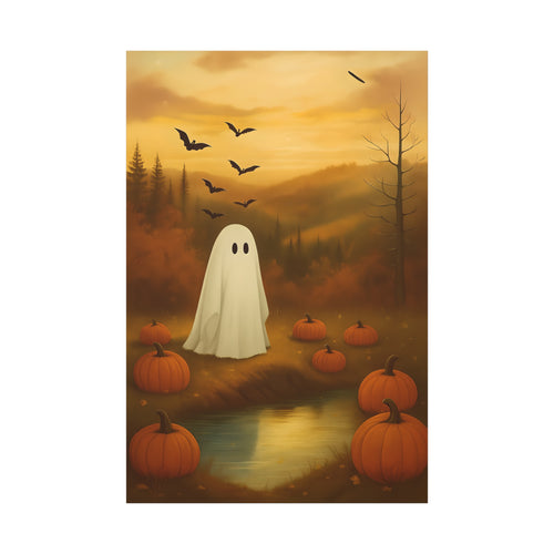 Autumn Ghost Canvas Art, Fall Wall Decor, Halloween Design, Pumpkin Illustration, Cozy Home Decor, Seasonal Gifts