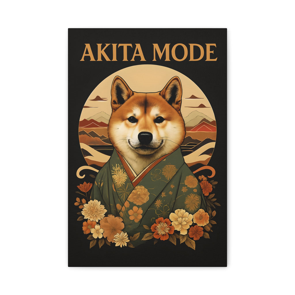 Poster of a dog in a kimono with 'Akita Mode' text on a black background