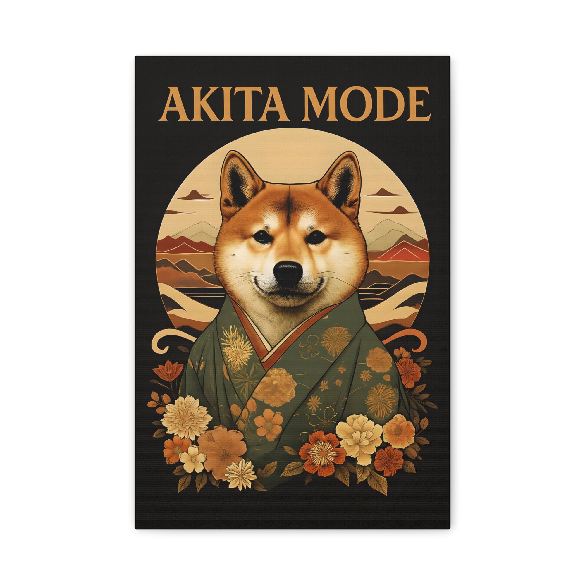 Poster of a dog in a kimono with 'Akita Mode' text on a black background