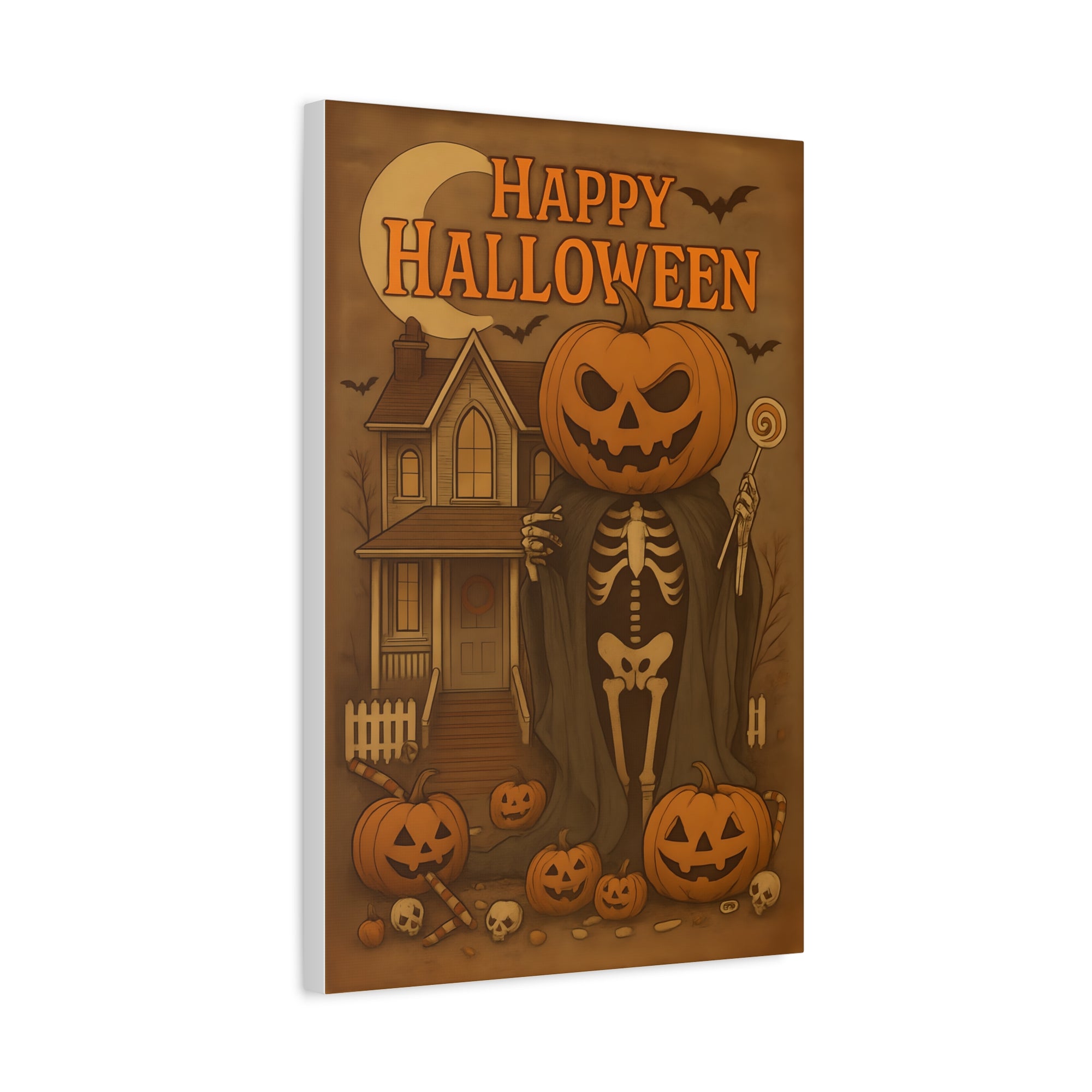 Halloween-themed poster with skeleton, pumpkins, and haunted house on a wooden background
