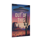Desert landscape with UFO and 'Out of This World' text on a white background