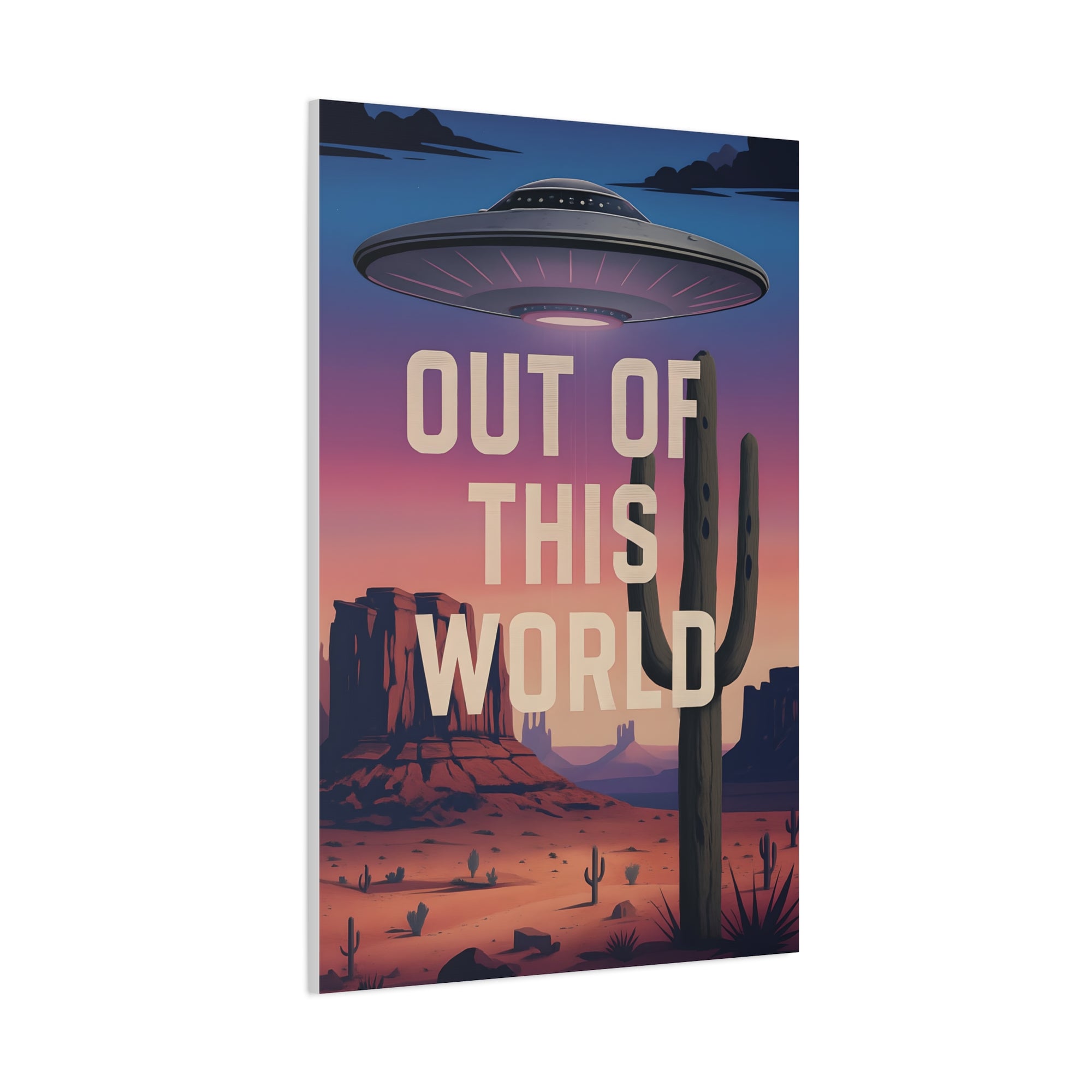 Desert landscape with UFO and 'Out of This World' text on a white background