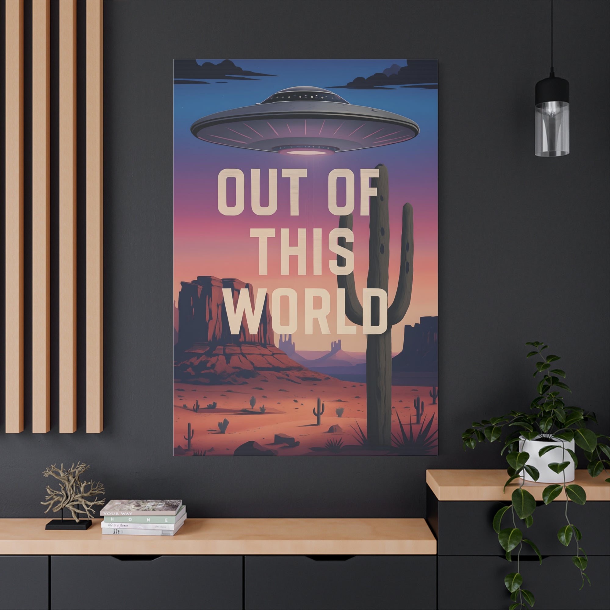 Poster with UFO and desert landscape design on a dark wall.