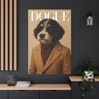 Poster of a dog in a suit with 'DOGUE' text on a wall in a modern interior setting.