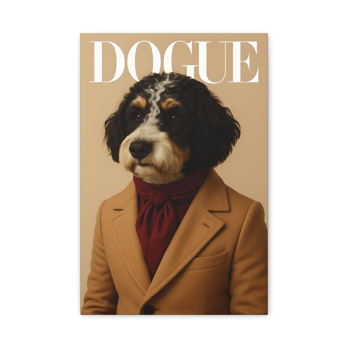 Dog in a coat and scarf on a magazine cover with 'DOGUE' text